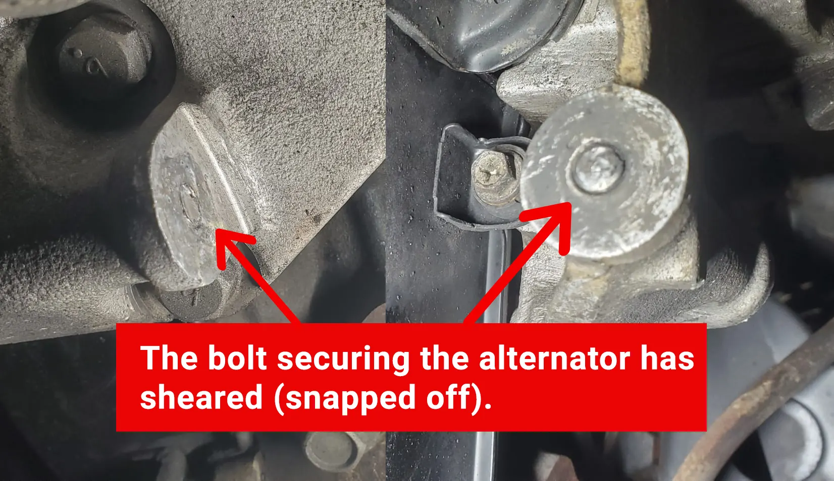 Sheared alternator mounting bolt on 1994 Nissan Maxima causing alternator instability