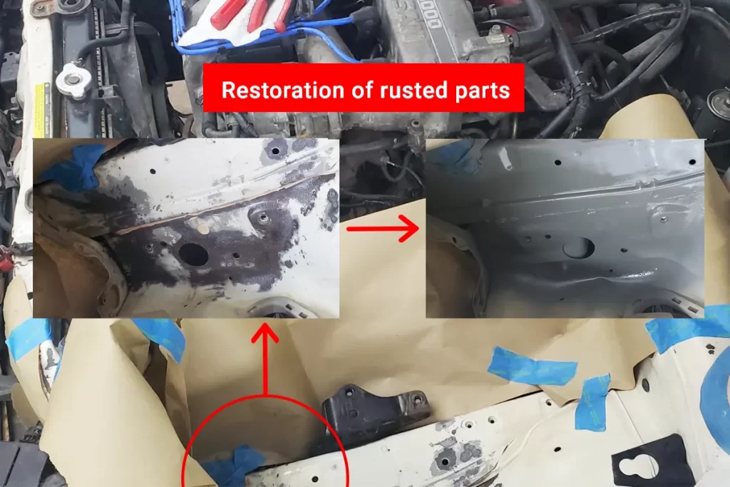 Restoration process of rusted engine bay parts on a 1994 Nissan Maxima, showing before and after rust removal and repainting.